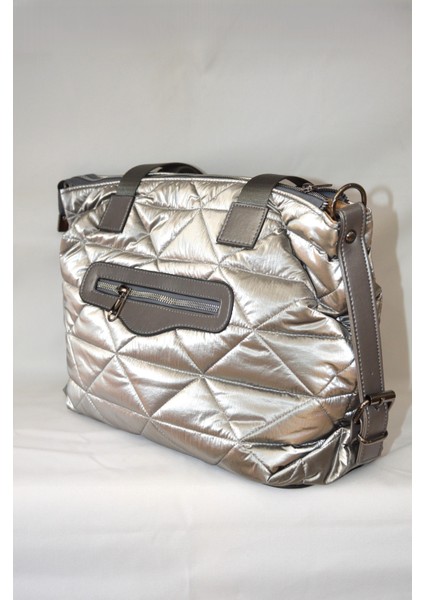 Kadın Gri Çanta Paraşüt Kumaş Şişme Büyük Boy Fermuarlı ve Askılı Günlük Şık Çanta modelleri