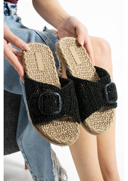 Siyah Örgü Tokalı Kadın Terlik Kaymaz Taban Havuz Deniz Plaj Terliği