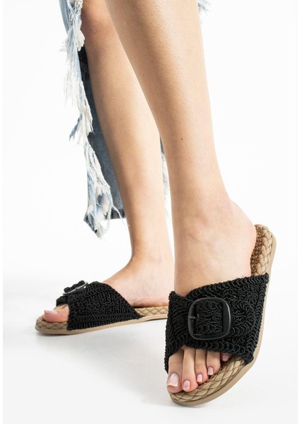 Siyah Örgü Tokalı Kadın Terlik Kaymaz Taban Havuz Deniz Plaj Terliği modelleri