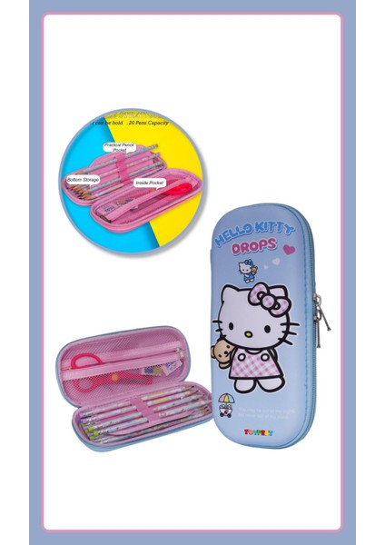3D Kabartmalı Hello Kitty Figür Kapaklı Kalem Çantası - Kalem Kutusu - Pastel Mavi Model