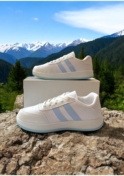 Beyaz-Mavi Iki Bantlı Unisex Günlük Hafif Taban Sneaker Spor Ayakkabı