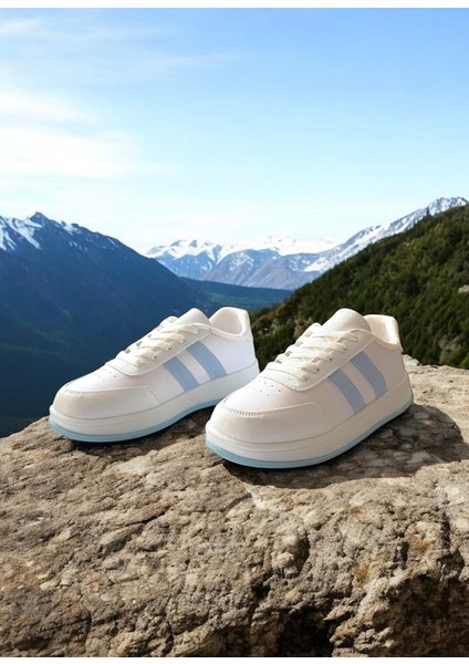 Beyaz-Mavi Iki Bantlı Unisex Günlük Hafif Taban Sneaker Spor Ayakkabı modelleri