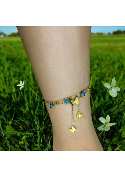Çelik Gold Renk Kelebek Mavi Boncuk Halhal