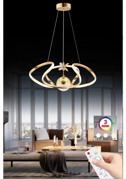 Istanbul Avize Vegi Gold Ledli Lüx Modern Kumandalı 3 Renk LED Avize