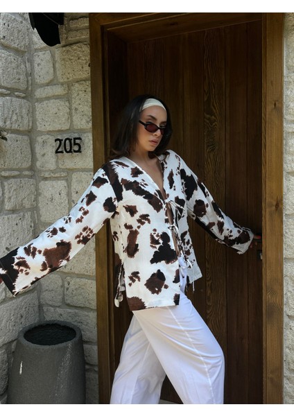 Kadın Siyah Inek Desen Müslin Kumaş Bluz 29244