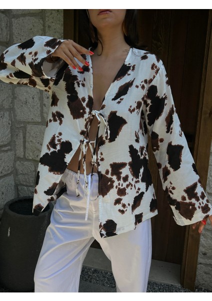 Kadın Siyah Inek Desen Müslin Kumaş Bluz 29244 modelleri