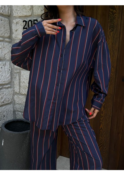 Kadın Lacivert Çizgili Geniş Kesim Viskon Kumaş Gömlek ve Pantolon Alt/üst Takım 29046 fiyatları
