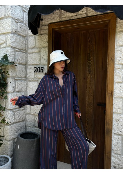 Kadın Lacivert Çizgili Geniş Kesim Viskon Kumaş Gömlek ve Pantolon Alt/üst Takım 29046 fırsatları