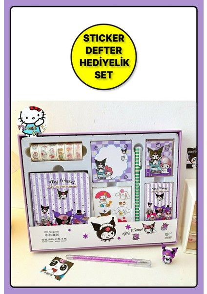 Sanrio Kuromi Kawaii Anime Defter + Notluk + Sticker + Blok Not + Kalem ve Fazlası Hediyelik Set