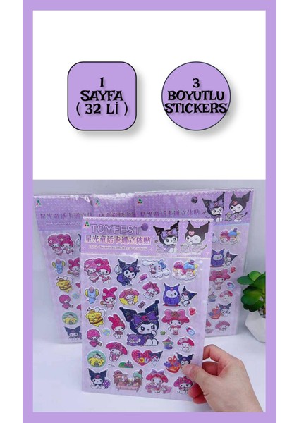 Simli Parlak 3D Sanrio Kuromi My Melody Cinnamoroll Pompompurin Twin -1 Sayfa (32 Adet) Sticker Seti