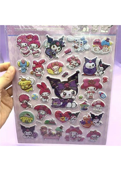 Simli Parlak 3D Sanrio Kuromi My Melody Cinnamoroll Pompompurin Twin -1 Sayfa (32 Adet) Sticker Seti fiyatları