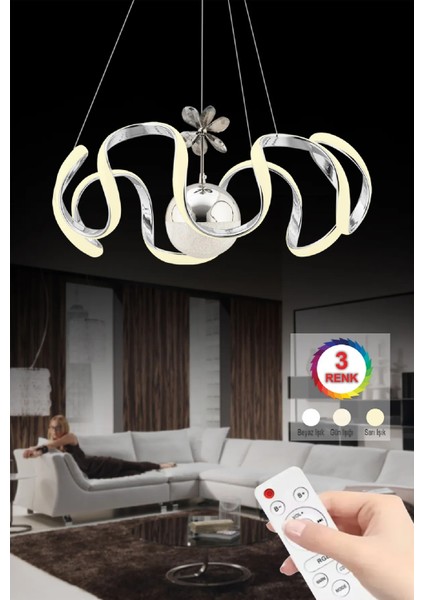 Istanbul Avize Beren Gümüş Ledli Kumandalı Modern 3 Renk LED Avize