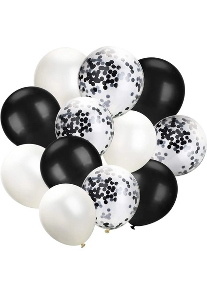10 Adet 12 Inç Beyaz Siyah ve Konfetili Karışık Balon