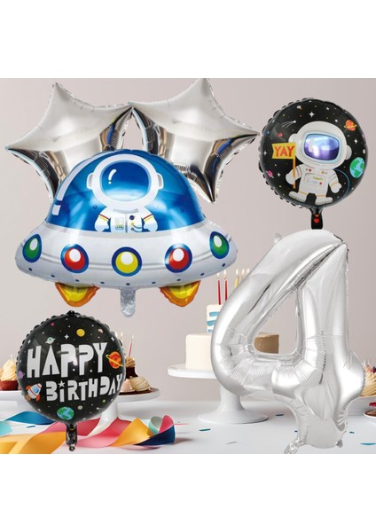 4 Yaş Uzay Temalı Doğum Günü Seti Uzay Folyo Şekiller Gümüş Folyo Rakam