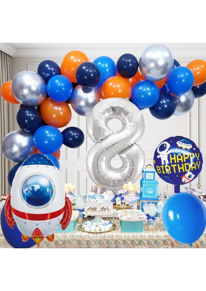 8 Yaş Uzay Temalı Doğum Günü Seti Uzay Mekiği Happy Birthday Yazı Renkli Balonlar Gümüş Folyo Rakam