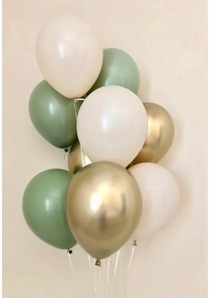10 Adet 12 Inç Krom Gold Küf Yeşili ve Beyaz Karışık Balon