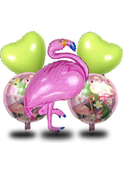 5 Li Flamingo Temalı Yeşil Folyo Kalpli Set Doğum Günü Süsü Parti Süsü