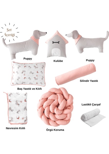 Puppy Köpek Temalı Bebek ve Çocuk Uyku Seti – %100 Pamuk Müslin, Pastel Renkli, Eğlenceli ve Sevimli Tasarım