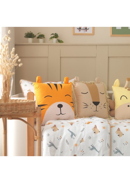 Jungle Safari Temalı %100 Pamuk Müslin Uyku Seti – Kaplan, Aslan, Zürafa Yastıklı, Bebek ve Çocuk Odası Için