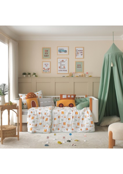 My City %100 Pamuk Müslin Montessori Uyku Seti - Araba, Ev ve Yol Temalı Figürlü, Bebek ve Çocuk Odası Için