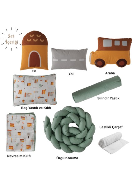 My City %100 Pamuk Müslin Montessori Uyku Seti - Araba, Ev ve Yol Temalı Figürlü, Bebek ve Çocuk Odası Için