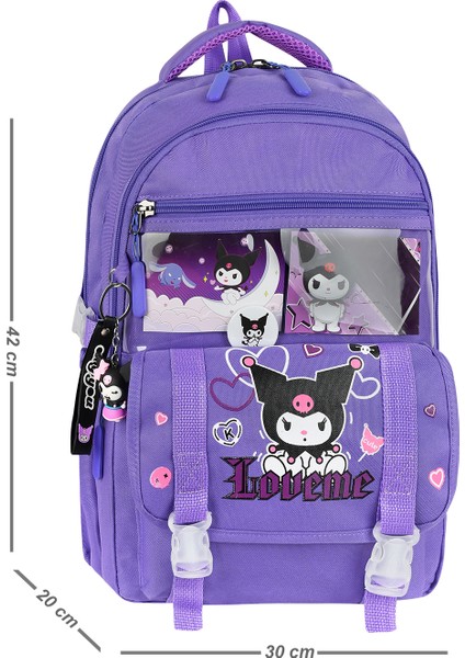 Lila Aksesuarlı Kore Tarzı Kromili Kız Çocuk Okul Sırt Çantası Termal Beslenme ve Kalemlikli Seti