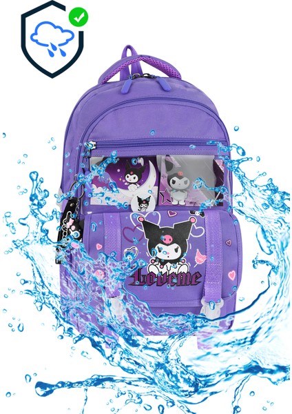 Lila Aksesuarlı Kore Tarzı Kromili Kız Çocuk Okul Sırt Çantası Termal Beslenme ve Kalemlikli Seti