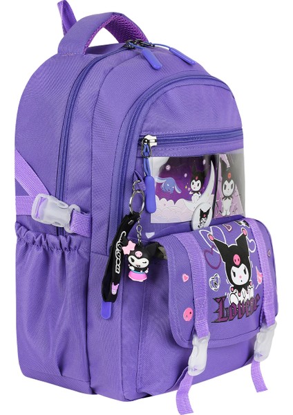 Lila Aksesuarlı Kore Tarzı Kromili Kız Çocuk Okul Sırt Çantası Termal Beslenme ve Kalemlikli Seti