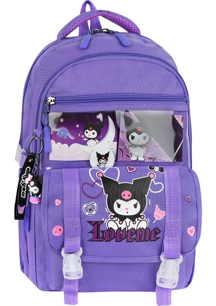 Lila Aksesuarlı Kore Tarzı Kromili Kız Çocuk Okul Sırt Çantası Termal Beslenme ve Kalemlikli Seti