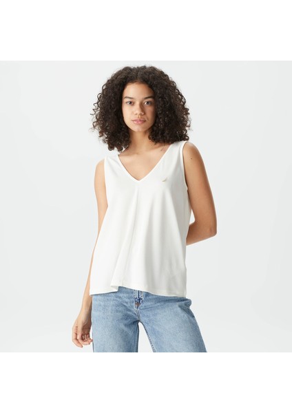 Kadın Beyaz Relaxed Fit V Yaka T-Shirt