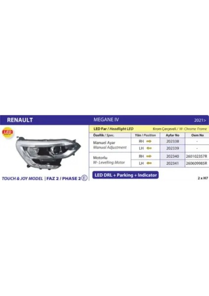 On Far Sol Megane Iv Touch/joy Model Faz 2 Ledlı Krom Cercevelı 21 Motorlu