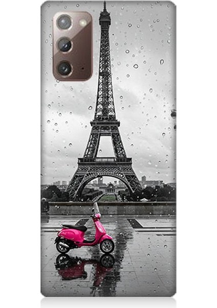 Samsung Galaxy Note 20 Uyumlu Yağmurda Eyfel ve Scooter Desenli Silikon Kılıf
