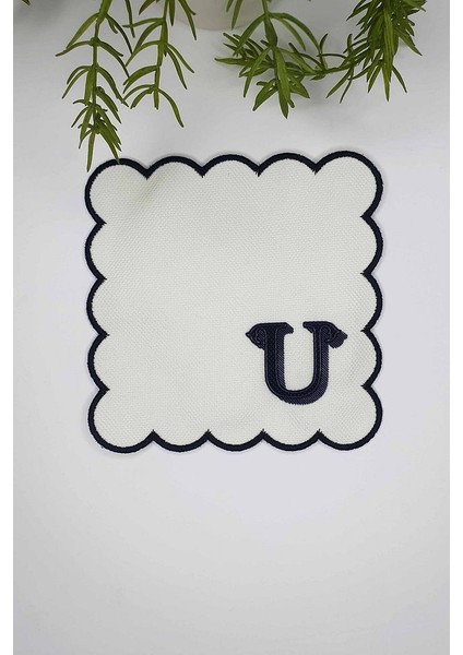 U Harfi Minimal Monogramlı Siyah Nakış Kenarlı Beyaz Kokteyl Peçetesi 1 Adet