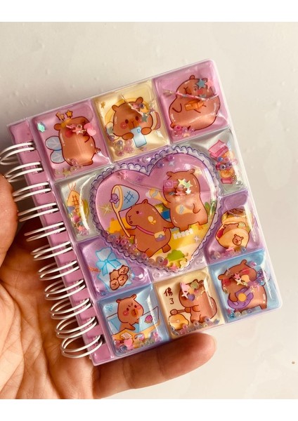 Capybara Kapibara 3D Sulu Simli Boncuklu Kapak Hologram Stickerlı Not Defteri Spiralli