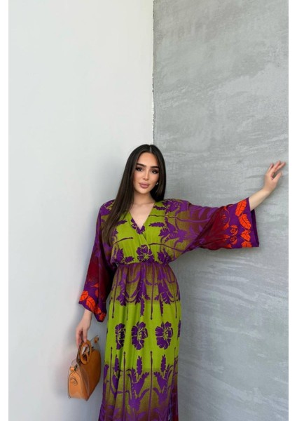 Uzun Kollu Kruvaze Yaka Çok Renk Desenli Kadın Elbise