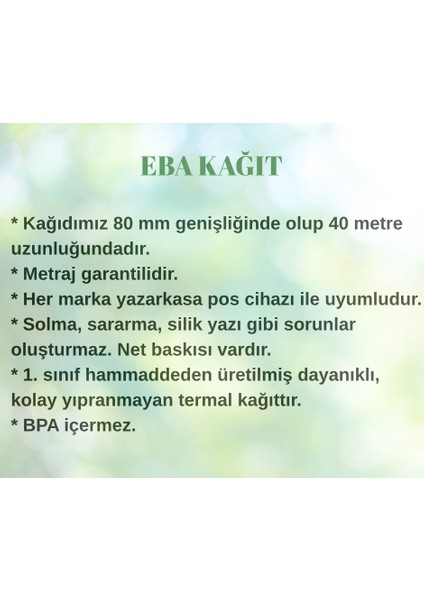 Eba Kağıt - Kasetsan 80 mm x 40 mt Termal Pos Yazarkasa Kağıdı 100 Adet /1. Sınıf Kalite
