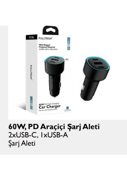 Fc 18 60W Araç Şarj Başlığı 60W Ligthing 1xusb C , 1 USB
