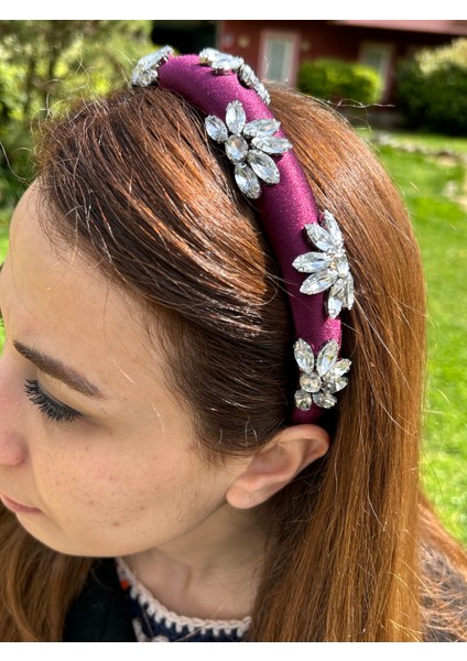 Abiye Kadın Mezuniyet Kına Ince Model Avize Taşlı Mürdüm Taç Saç Aksesuarı