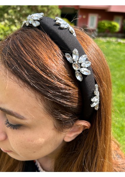 Abiye Kadın Mezuniyet Kına Ince Model Avize Taşlı Siyah Taç Saç Aksesuarı