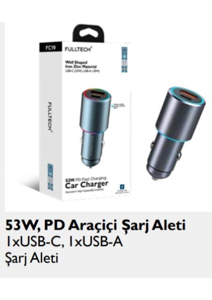 FC19 53W Araç Şarj Başlığı Sarj 1xusb C , 1 USB fiyatları