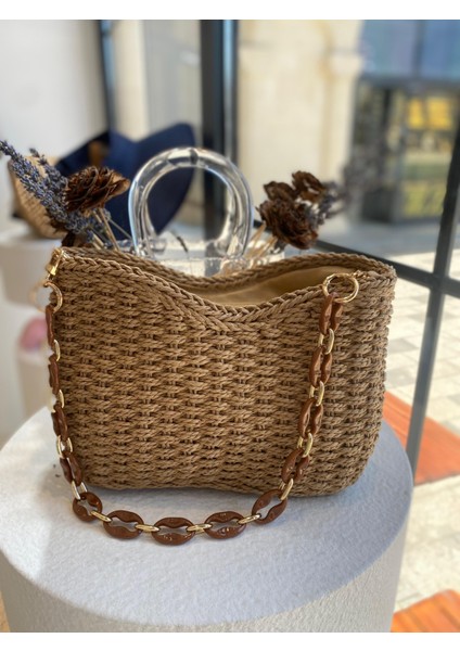 Kadın Hasır Çanta, Kadın Rattan Omuz Çantası, Hazeranlı El ve Omuz Çantası, Plaj Çantası