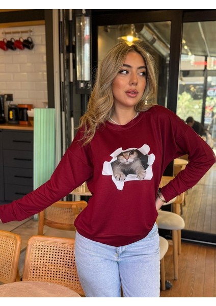 Kadın Uzun Kollu Bisiklet Yaka Kedi Desenli Viskon Iki Iplik Bluz fiyatları