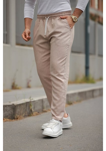 Erkek Beli Bağcıklı Çizgili Pantolon