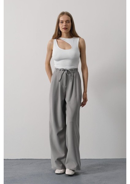 Pileli Bağcıklı Oversize Pantolon - Gri