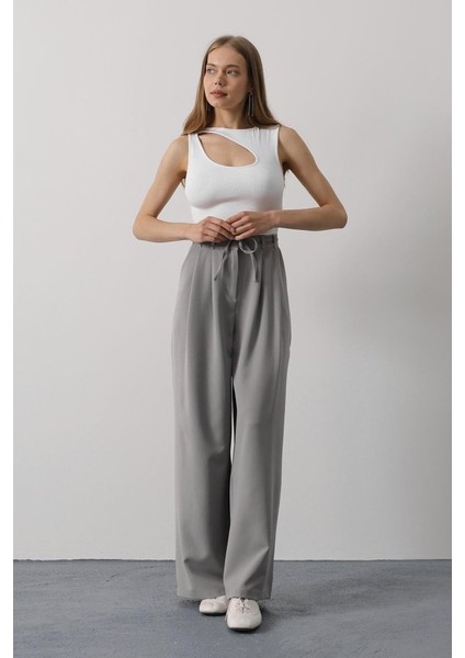 Pileli Bağcıklı Oversize Pantolon - Gri