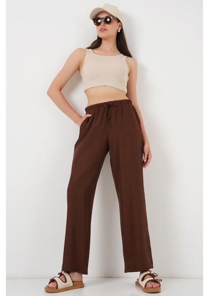 Geniş Paça Keten Pantolon 6735 - Kahverengi