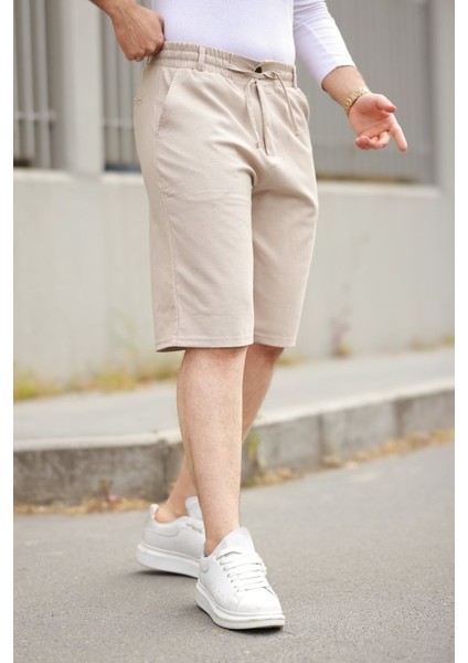 Erkek Beli Bağcıklı ve Düğmeli Bezayağı Kumaş Şort