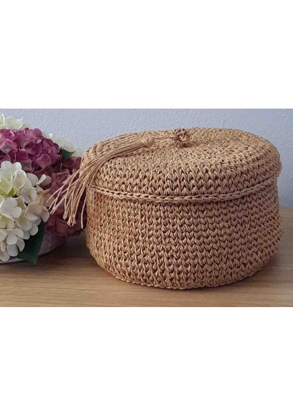 Kapaklı Hasır Sepet Kağıt Iplik Dekoratif Sepet