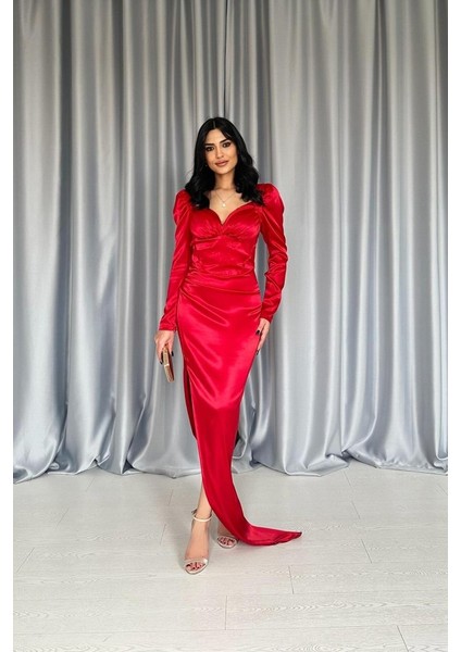 Kırmızı Göğsü Kuplu Yırtmaçlı Elbise fiyatları