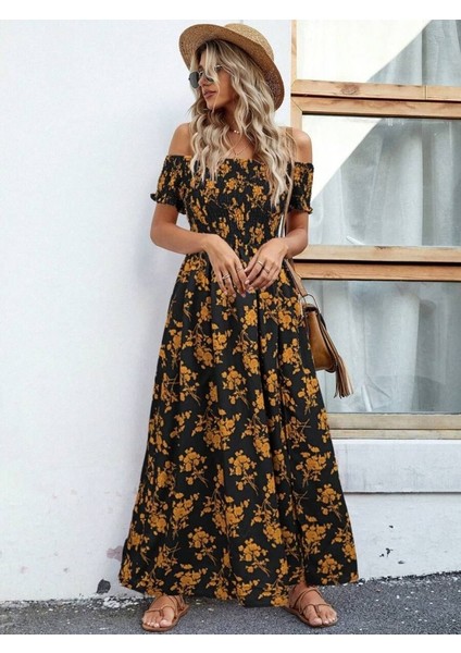 Kadın Kısa Kollu Madonna Yaka Yırtmaçlı Çiçek Desenli Süprem Elbise modelleri